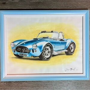 Framed Watercolor Painting Of Blue 1960’s Shelby Cobra